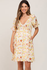 Yellow Floral Puff Sleeve Maternity Dress