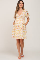 Yellow Floral Puff Sleeve Maternity Dress