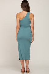 Green Ribbed One Shoulder Side Slit Maternity Midi Dress