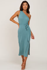 Green Ribbed One Shoulder Side Slit Maternity Midi Dress