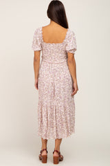 Light Pink Floral Smocked Sweetheart Neck Maternity Midi Dress