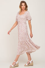 Light Pink Floral Smocked Sweetheart Neck Midi Dress