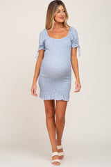 Light Blue Floral Smocked Short Puff Sleeve Maternity Mini Dress
