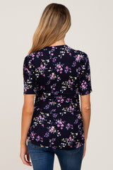 Navy Floral Ribbed Fitted Maternity Top