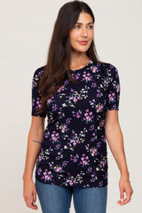 Navy Floral Ribbed Fitted Maternity Top