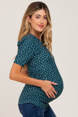 Dark Teal Floral Ribbed Fitted Maternity Top