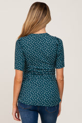 Dark Teal Floral Ribbed Fitted Maternity Top