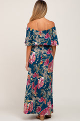 Teal Floral Flounce Off Shoulder Maternity Maxi Dress