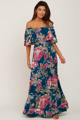 Teal Floral Flounce Off Shoulder Maternity Maxi Dress