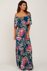 Teal Floral Flounce Off Shoulder Maxi Dress