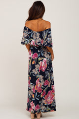 Navy Floral Flounce Off Shoulder Maxi Dress