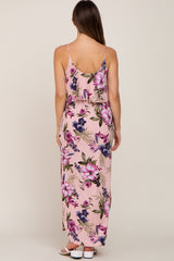 Pink Floral Side Slit Maternity Maxi Dress