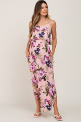 Pink Floral Side Slit Maternity Maxi Dress