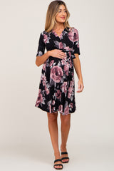 Black Floral Wrap Maternity/Nursing Dress