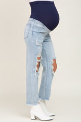 Light Blue Distressed Open Knee Straight Leg Maternity Jeans