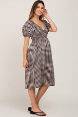 Black Gingham V-Neck Maternity Midi Dress