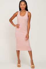 Peach Ribbed Sleeveless Fitted Maternity Dress