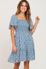 Blue Floral Print Smocked Dress