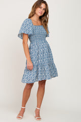 Blue Floral Print Smocked Dress