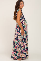 Navy Floral Ruffle Accent Maternity Maxi Dress