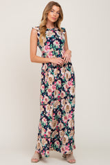 Navy Floral Ruffle Accent Maxi Dress