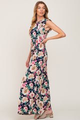 Navy Floral Ruffle Accent Maxi Dress