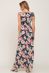 Navy Floral Ruffle Accent Maxi Dress