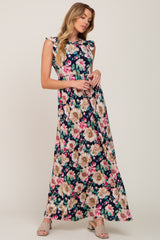 Navy Floral Ruffle Accent Maxi Dress