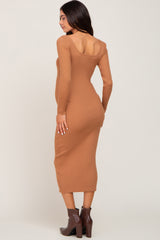 Camel Ribbed Button Accent Long Sleeve Maternity Dress