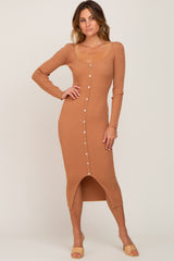 Camel Ribbed Button Accent Long Sleeve Maternity Dress