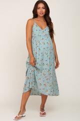 Light Blue Floral Sleeveless Maternity Maxi Dress