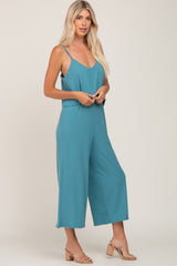 Teal Ribbed Double Layer Cropped Jumpsuit