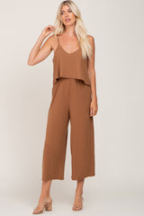 Camel Ribbed Double Layer Cropped Maternity Jumpsuit