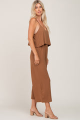 Camel Ribbed Double Layer Cropped Jumpsuit