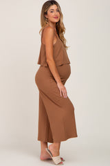 Camel Ribbed Double Layer Cropped Maternity Jumpsuit