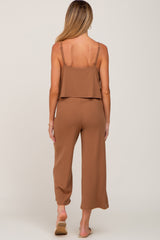 Camel Ribbed Double Layer Cropped Maternity Jumpsuit