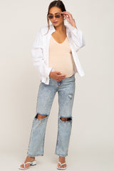 Light Blue Acid Wash Open Knee Maternity Straight Leg Jeans