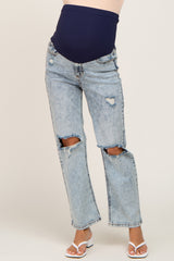 Light Blue Acid Wash Open Knee Maternity Straight Leg Jeans