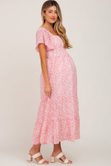 Pink Floral Smocked Tiered Maternity Maxi Dress