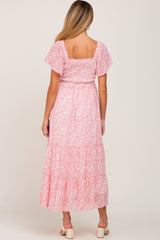 Pink Floral Smocked Tiered Maternity Maxi Dress