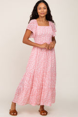 Pink Floral Smocked Tiered Maxi Dress