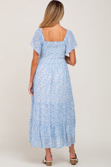 Blue Floral Smocked Tiered Maternity Maxi Dress