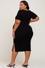 Black Ribbed Button Front Maternity Plus Midi Dress