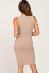 Taupe Ribbed Crossover Hem Fitted Dress