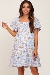 Light Blue Floral Gauze Square Neck Short Sleeve Maternity Dress