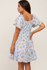 Light Blue Floral Gauze Square Neck Short Sleeve Maternity Dress