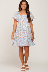 Light Blue Floral Gauze Square Neck Short Sleeve Maternity Dress