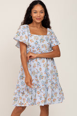 Light Blue Floral Gauze Square Neck Short Sleeve Maternity Dress