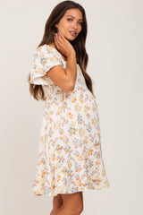 Cream Floral Gauze Square Neck Short Sleeve Maternity Dress