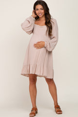 Taupe Square Neck Puff Long Sleeve Maternity Dress